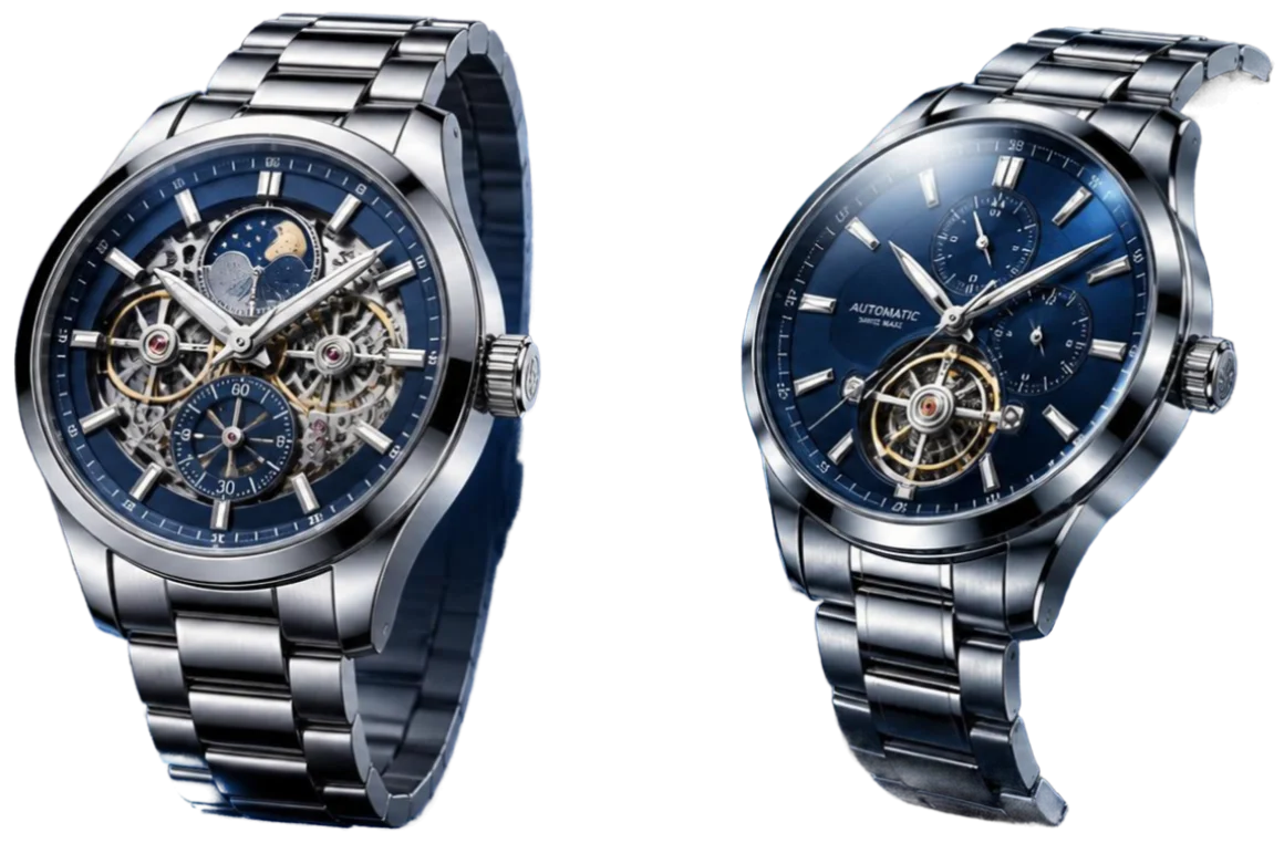 Tick & Tech premium automatic watches with blue skeleton dials and stainless steel bracelets